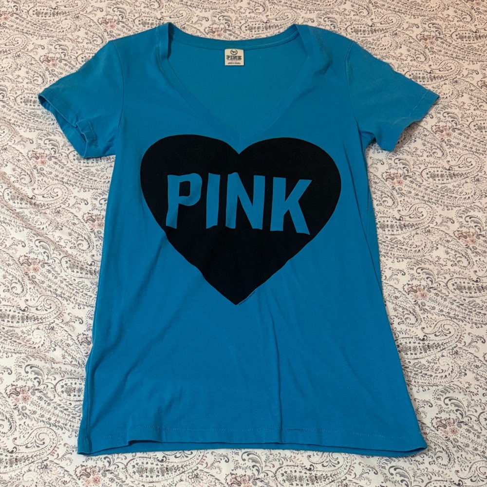 Victoria’s Secret PINK Black Heart Logo Blue V-Neck Tee